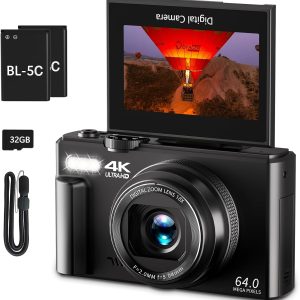 4K Digital Camera for Photography, 64MP Vlogging Camera for YouTube with 3" 180° Flip Screen, 18X Digital Zoom Point and Shoot Camara with 32GB Micro SD Card for Beginner (Black)